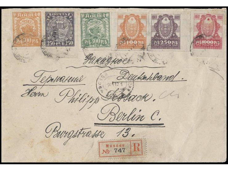  100-1000 r. with additional franking, tied by cds. to registered cover to Berlin with arrival mark, few stains, otherwise fi