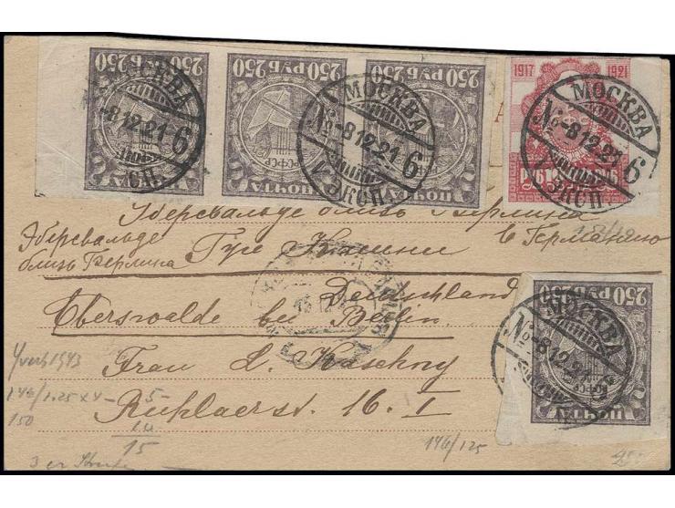 1000 r. red with additional franking tied by cds. "MOSCOW 8.12.21" to card to Eberswalde, 1000 r. slightly touched at top, ot