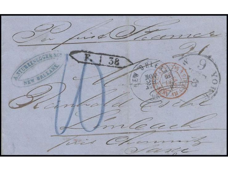 1862, kompletter Portobrief von "NEW ORLEANS NOV 29 1862" über Southampton, Calais, Paris und Aachen nach Limbach mit klarem 
