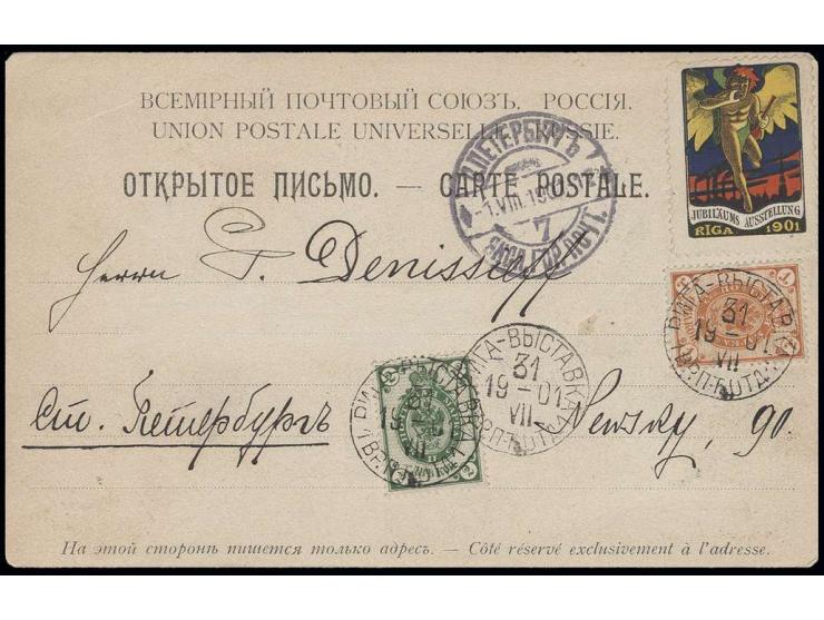 "RIGA EXPOSITION 19 VII 01" three very clear strikes on franked exhibition picture post card with matching vignette, one line