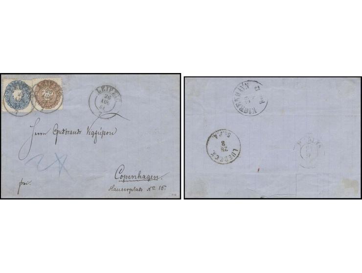 DÄNEMARK: Wappen 2 Neugroschen blau und 3 Neugroschen braun mit DKr. "LEIPZIG 26 AUG. 64" auf Briefhülle nach Kopenhagen; auf