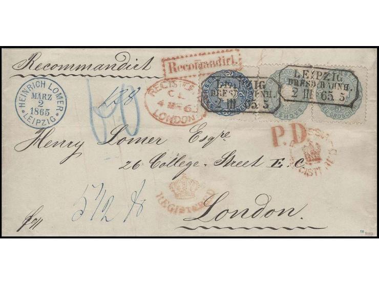 GROSSBRITANNIEN: Wappen 5 Neugroschen graublau, 2 Einzelwerte zusammen mit 2 Neugroschen blau mit Ra3 "LEIPZIG DRESD:BAHNH. 2