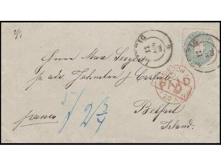 IRLAND: Wappen 5 Neugroschen graublau mit DKr. "LEIPZIG 17 AUG. 66" auf Briefkuvert über London nach Belfast mit Ankunftsstem