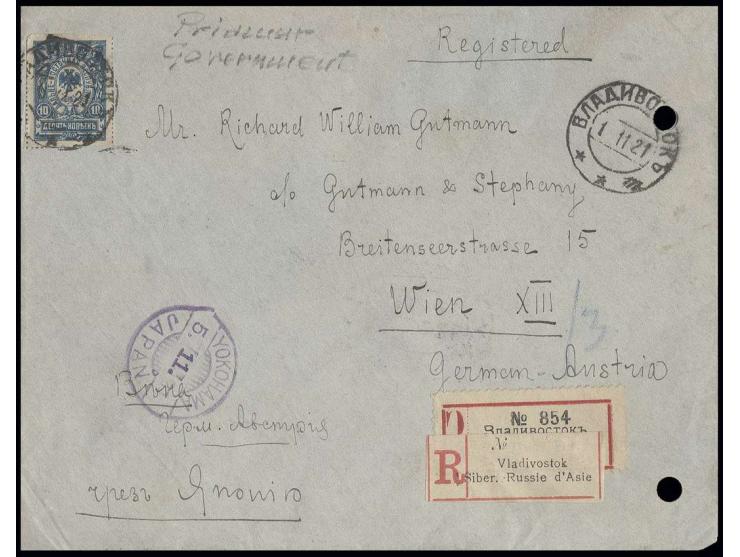 10 k. blue tied by cds. "VLADIVOSTOK 1 11 21" to registered cover via Yokohama and New York to Vienna, two punch holes at rig