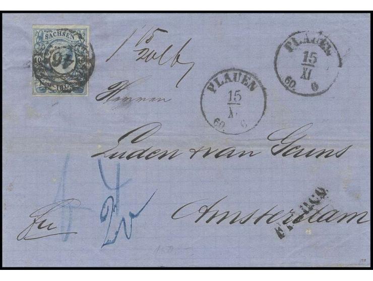 Johann 10 Neugroschen blau, voll- bis breitrandig, rechts unten winziger Eckbug außerhalb des Markenbildes, mit Nr. "46" auf 