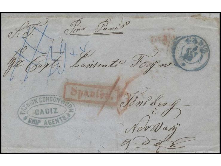 1859, "CADIZ 3.9.59" cds. in blue on entire folded cover with different taxes via Aachen with red "Spanien" handstamp and Ham
