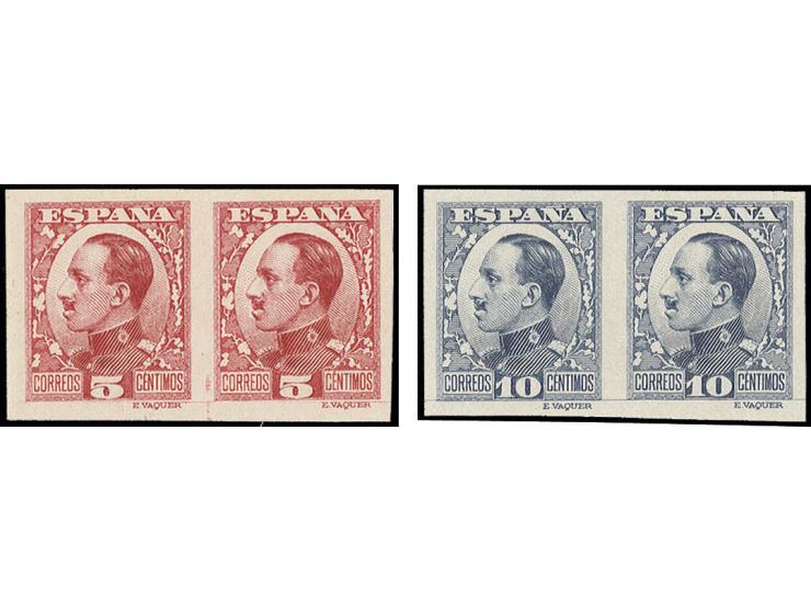 1930, Alfons XIII 5 c. red and 10 c. blue, imperforated colour proofs in horizontal pairs, unhinged mint, fine