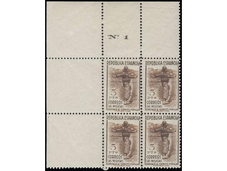 Milicias 5 c. - 10 pts. complete in Blocks of 4, almost all from the sheet margin, some sheetcorners, fine/very fine