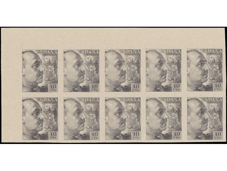1939, Franco 10 c., imperforated colour proof in grey, horizontal block of 10 from the upper left sheet corner, ungummed, fin