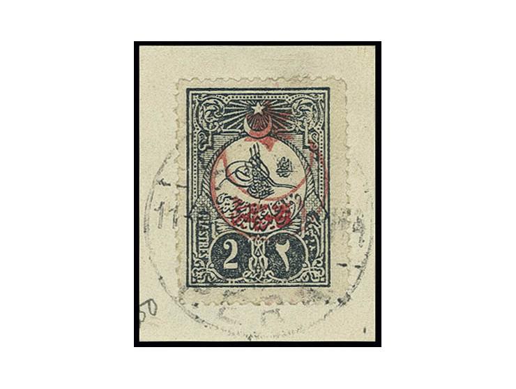 1915, overprint crescent and star on 1908, newspaper stamp 2 pia. blue/black, tied by Pera cds. to piece, fine, a scarce stam