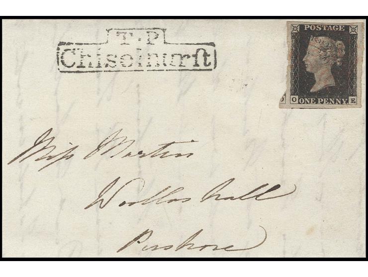 1840, 1 d. black, plate 1B, OE, large to enormous margins with parts of 2 neighbour stamps, used with light cental red MC to 