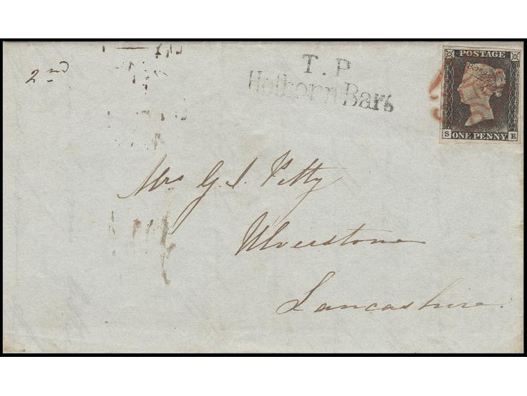 1 d. grey-black, plate 1A, FE, good to wide margins, tied by red clear MC to entire letter with adjacent "T.P. Holborn Bar", 