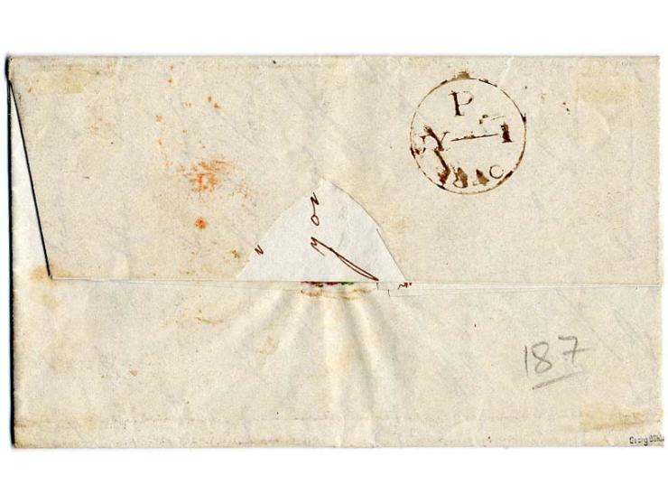 1 d. grey-black, plate 1A, FE, good to wide margins, tied by red clear MC to entire letter with adjacent "T.P. Holborn Bar", 