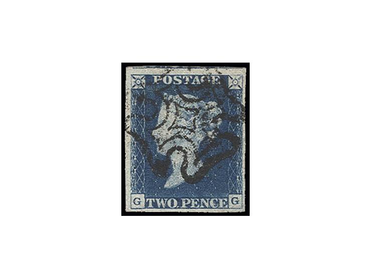 2 d. deep-blue, GG, good to wide margins with part of adjoining stamp at top with clear strike of black MC, very fine, signed