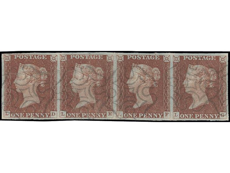 1 d. red-brown, horizontal strip of 4, LD-LG, large margins, clear black MC in Scottish type, very fine