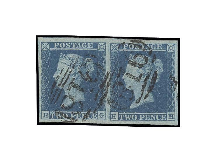 2 d. blue, horizontal pair HG/HH, large margins all around, cancelled by numeral "918", very fine