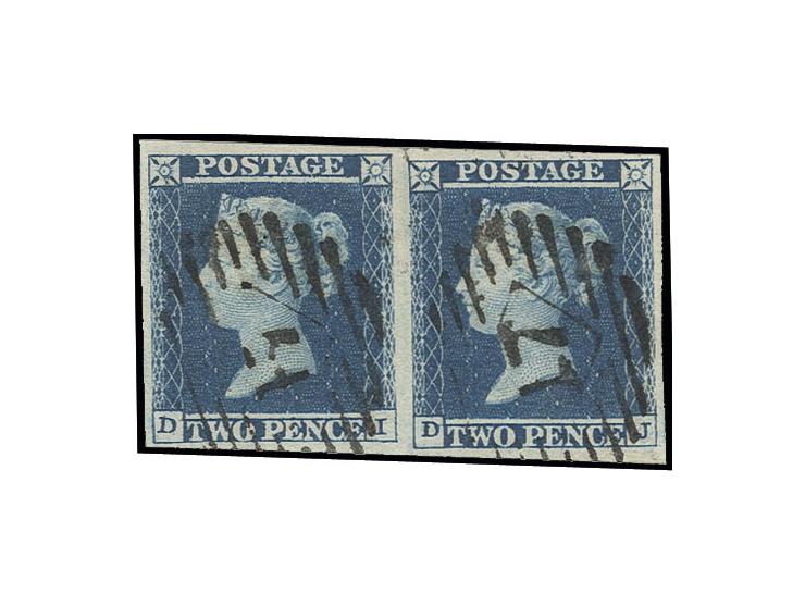 2 d. blue, plate 4, horizontal pair DE-DJ, cancelled by London-type "17", wide margins, very fine, opinion Louis BPP