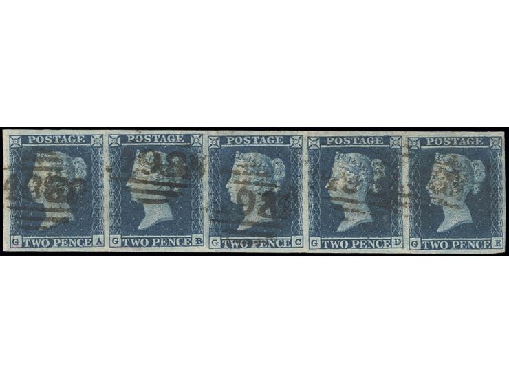 2 d. blue, horizontal strip of 5, GA-GE, nice deep colour and good to mostly wide margins, cancelled "498", very fine, sign. 