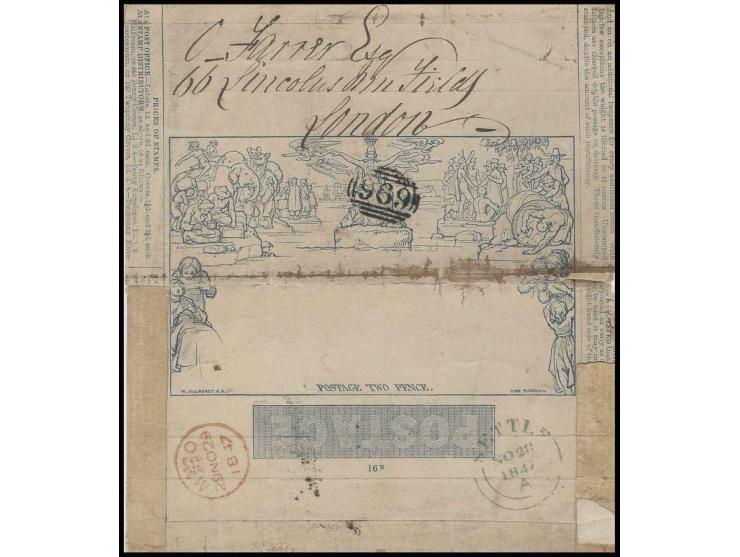 1847, Mulready lettersheet 2 d. blue, somewhat reduced in size, fixed on carton paper and used as a wrapper with numeral "969