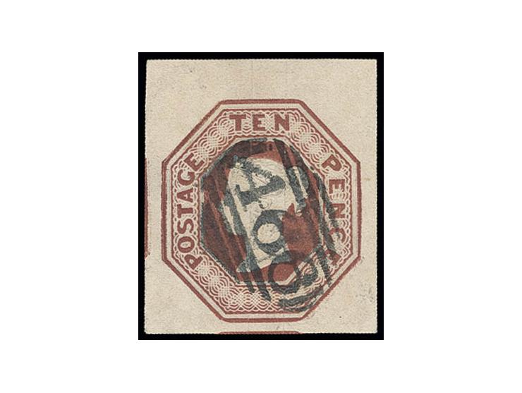 1847/54, embossed issue 10 d. brown, nice colour and enormous margins with parts of 2 adjoining stamps, neatly cancelled "466