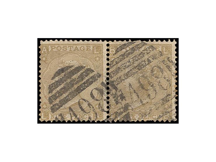 1865/67, 9 d. straw, plate 4, horizontal pair AL/BL, used, fine