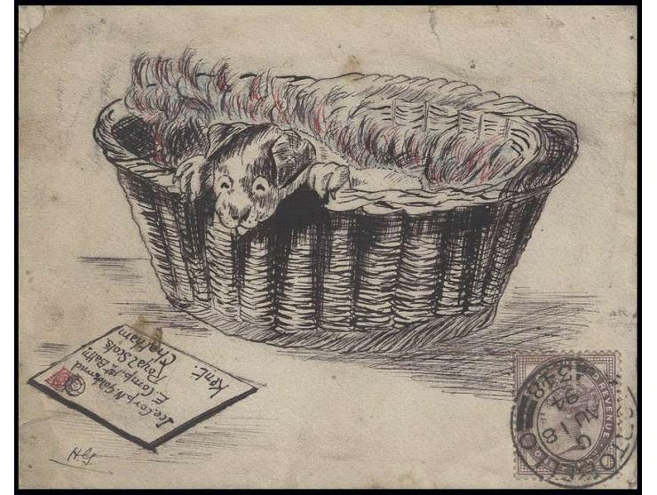 1881, 1 d. lilac, tied by cds. "PORTOBELLO AU 18 94" to illustrated envelope 'dog in a basket' to Chatham; somewhat roughly o