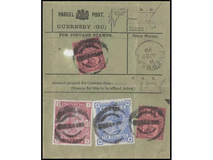 1883/84, 10 sh. ultramarine with slightly damaged 5 sh. rose and 2 copies 6 d. purple on rose, tied to parcelcard from "GUERN