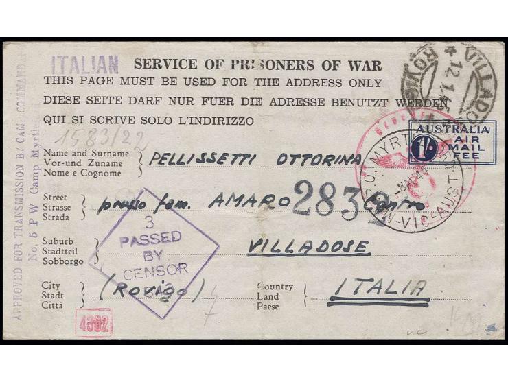 POSTAL STATIONARY: 1944, POW-Airmail letter sheet used from "MYRTLEFORD 8 AU 44" to a POW in Villadose, Italy with British, G