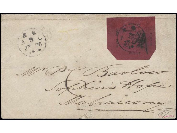 1856, 4 c. black on magenta pierced with datestamp "8 JN 56" with additional strike longside on local cover, part of back fla
