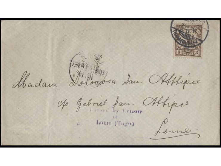 1915, ½ d. on 3 pfg. brown tied by cds. "DUALA 27.10." to cover with violet censorship mark "Passed by Censor at Lome (Togo)"