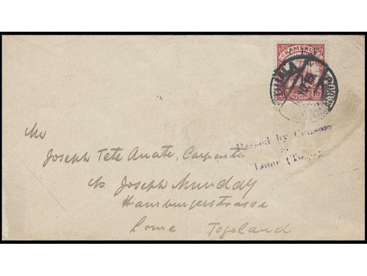 1 d. on 10 pfg. carmine tied by cds. "DUALA 16.10." to cover with violet censorship mark "Passed by Censor to Lome (Togo)" to