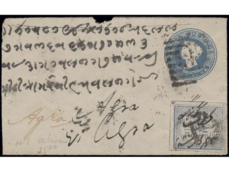 1877, ¼ a. ultramarine with manuscript cancellation on opened-out envelope India ½ a. blue to Agra with transit and arrival m
