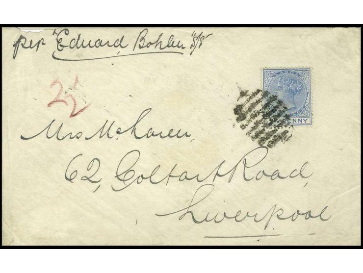 1887/1902, Victoria 2½ d. blue, tied by 9 bar oval to cover from "LAGOS W. AFRICA AP 25 95" to Liverpool with arrival mark, c
