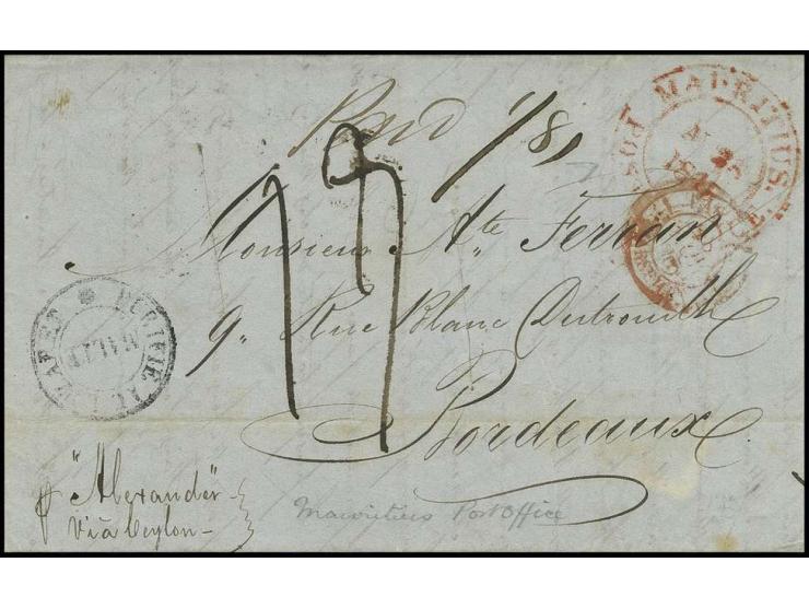 1845, letter sheet with part of contents with red double circle "MAURITIUS POST OFFICE AU 28 1845" via Galle (Ceylon), Aden, 