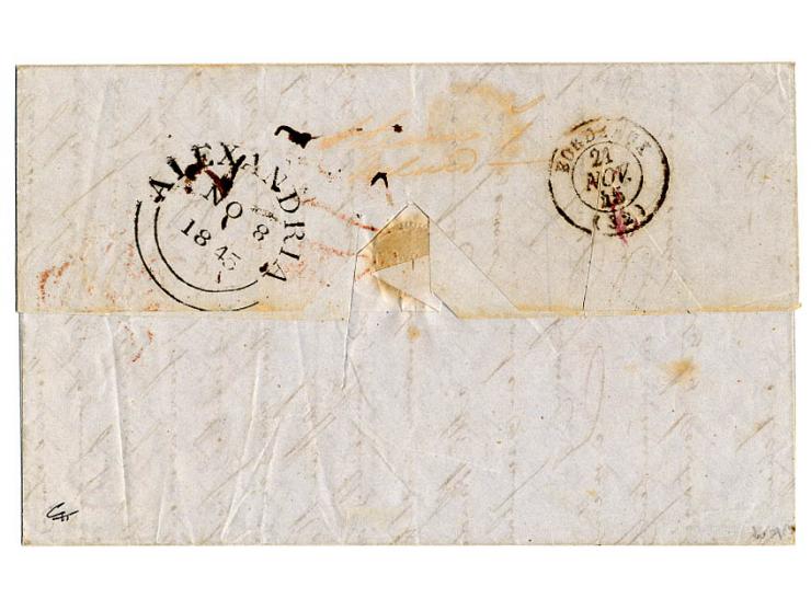 1845, letter sheet with part of contents with red double circle "MAURITIUS POST OFFICE AU 28 1845" via Galle (Ceylon), Aden, 