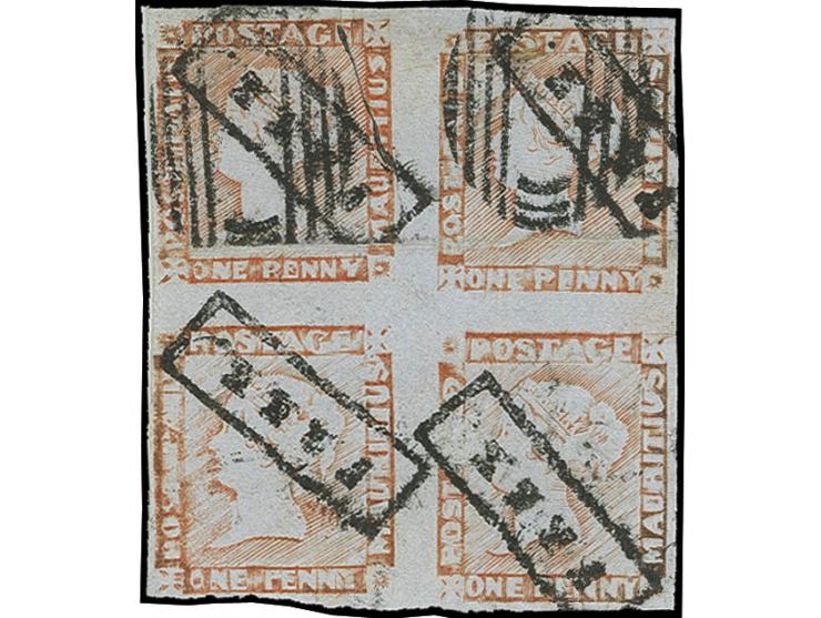 1857/59,Worn impression: 1 d. red on bluish, block of four, pos. 1-2/4-5 with good to wide margins, cancelled by boxed "FREE"