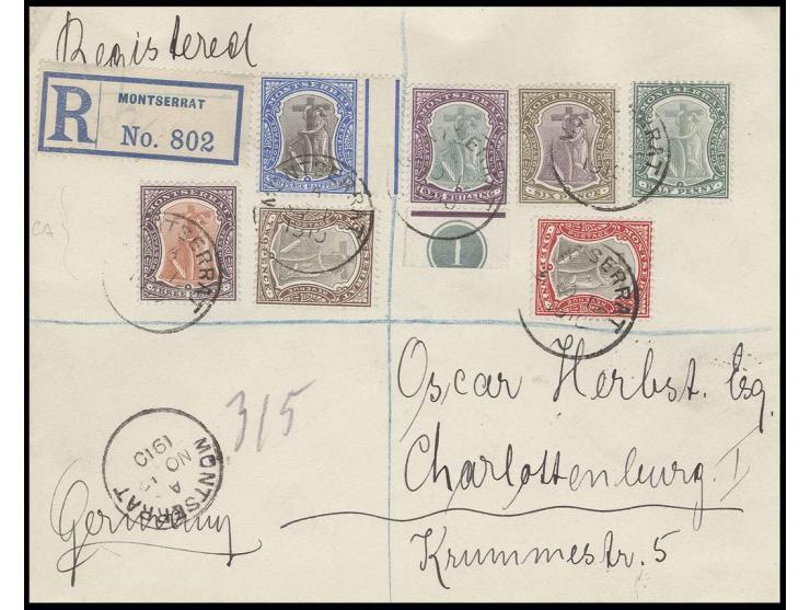 1904/08, ½ d.-1 sh., all 7 values on normal paper on registered envelope from "MONTSERRAT NO 12 1910" to Germany with transit