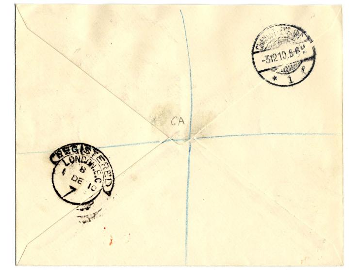 1904/08, ½ d.-1 sh., all 7 values on normal paper on registered envelope from "MONTSERRAT NO 12 1910" to Germany with transit