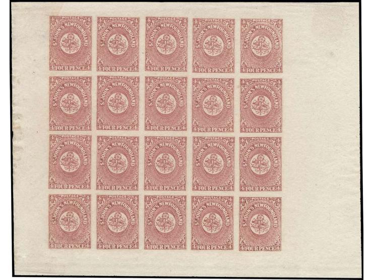 1862/64, 4 d. rose-lake, cpl. sheet of 20 stamps, unused o.g., vertical fold between 3rd and 4th row, otherwise and fresh