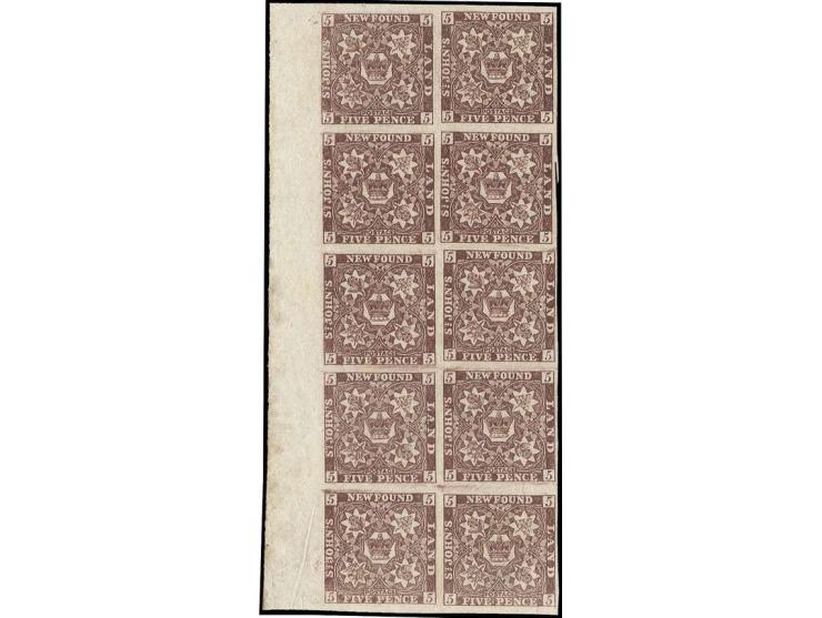 5 d. chocolate brown, vertical marginal block of 10, unused o.g., central pair with light fold, otherwise fine