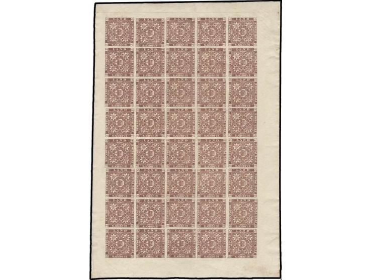 5 d. red-brown, cpl. sheet of 40 stamps, unused o.g., almost all stamps never hinged; a horizontal crease between the 3rd and