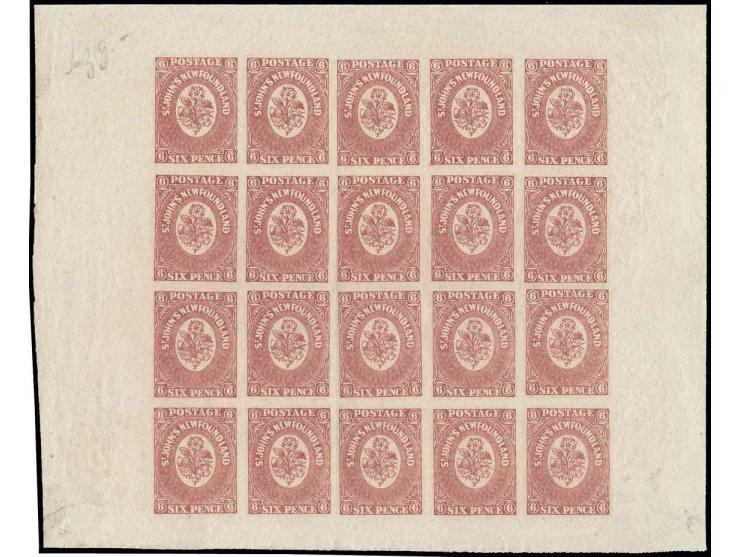 6 d. rose-lake, cpl. sheet of 20 stamps, unused o.g., fold between the 2nd and 3rd row, otherwise fine and fresh