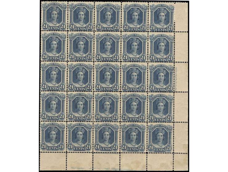 1865/71, yellowish paper: 24 c. blue, block of 25 from the lower right sheet corner with imprint at right and bottom, unused 