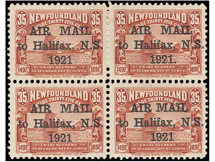 1921, airmail 35 c. in block of 4, three stamps 2 3/4 mm spacing and one stamp 1½ mm spacing, 3 values without stop after 192