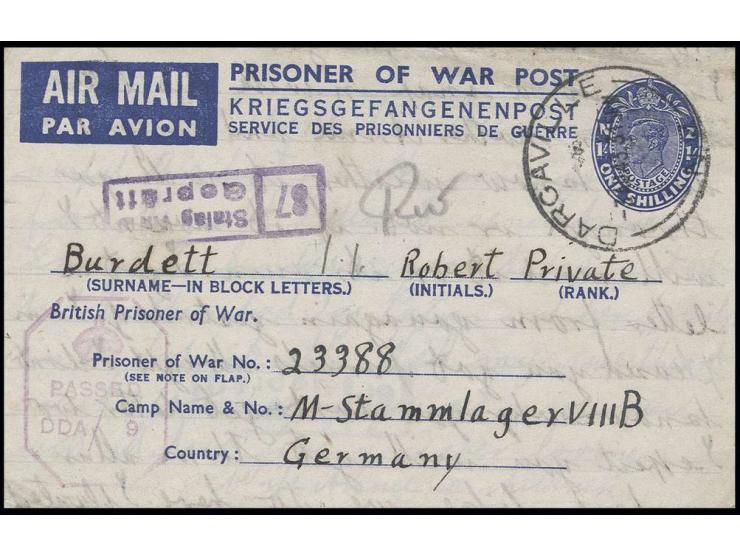 Postal stationary: 1943, POW-Airmail letter sheet 1 sh. used from "DARGAVILLE 3 AU 41" to a POW in Germany, M-Stammlager VIII