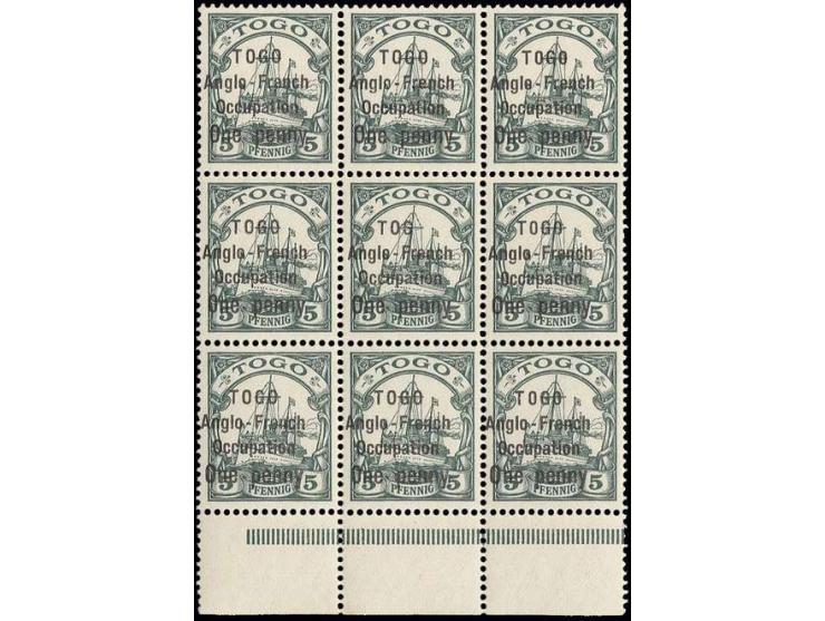 "One penny" on 5 pfg. with plate error "TOG" within block of 9 with lower sheet margin, unmounted mint, fine