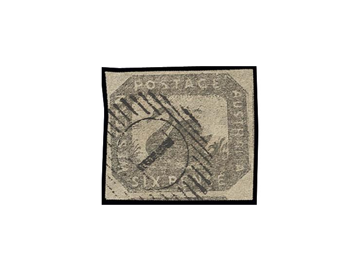 1857/59, Black swan 6 d. black-bronze, large even margins with part of neighbour stamps at right and bottom, clearly cancelle