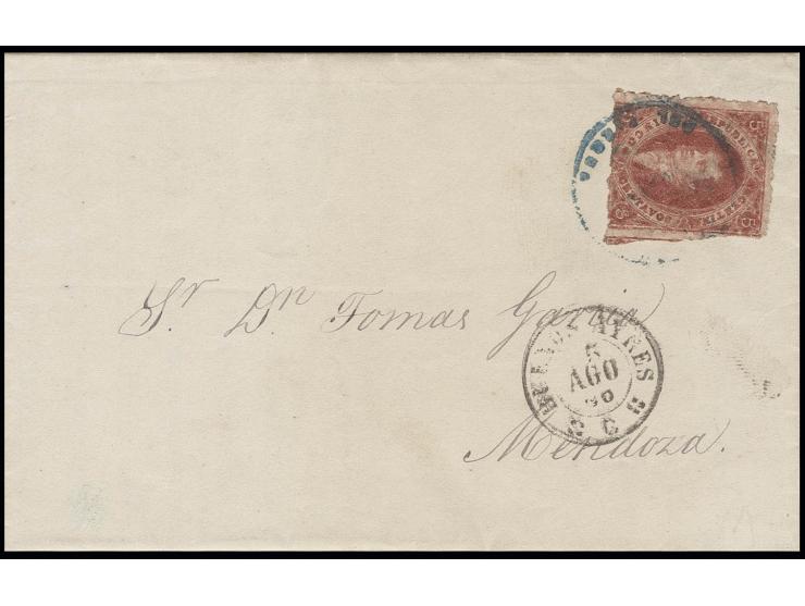 1864, Rivadavia 5 c. red, tied by blue date stamp to entire letter from Buenos Aires to Mendoza, fine
