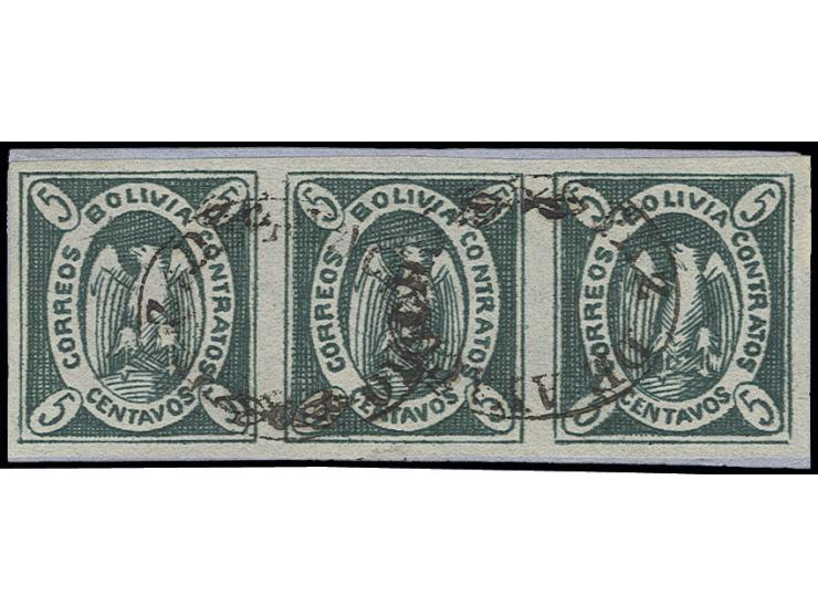 1867/68, 5 c. blue-green in horizontal strip of 3, nice deep colour and good margins all around, used with fancy "PAZ DE AYAC