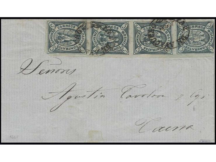 5 c. blue-green, vertical strip of 4, the upper stamp touched at top, otherwise good to wide margins, tied by oval "PAZ DE AY